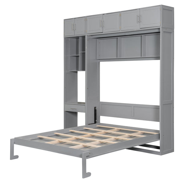 English Elm Queen Murphy Bed with Integrated Desk Cabinet Shelves Space Saving Studio Solution Gray N708S00021E-1