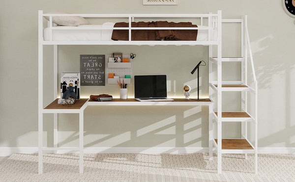 English Elm Loft loft bed with L-shaped desk, built-in storage stairs, 360° guardrail, sturdy iron frame for small rooms White W1935S00004