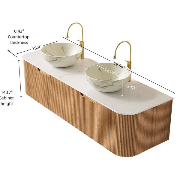 English Elm Dina 60 Inch Floating Bathroom Vanity Sintered Stone Top Dual Glass Basins Wood Grain Natural Wood,White W2615S00696