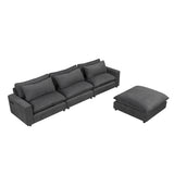 English Elm 128" Sectional Sofa Cloud Sofa Chenille Upholstered Sofa Couch With Movable Ottoman, Comfortable Seat Cushions, Charging Ports and Three Back Pillows For Living Room, Grey