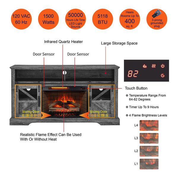 English Elm 60 Inch Farmhouse Electric Fireplace Tv Stand with Led Flame and Cabinet Storage Dark Oak W1769S00003