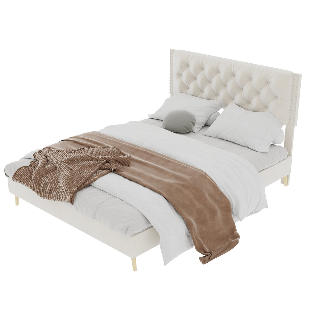 English Elm Velvet Tufted Queen Platform Bed Diamond Headboard for Elegant Master Bedroom W1935P361008