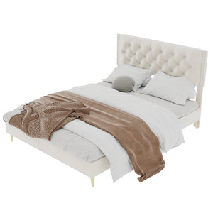 English Elm Velvet Tufted Queen Platform Bed Diamond Headboard for Elegant Master Bedroom W1935P361008