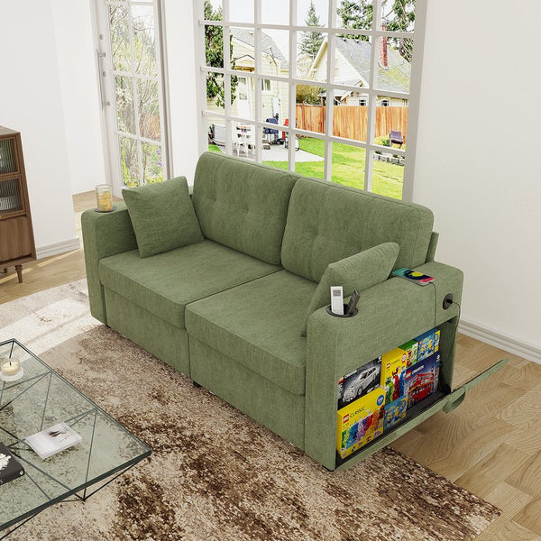 English Elm Sofas for Living Room Chenille Three Seat Couch with Usb Charging Storage and Cup Holder Olive W395S00146