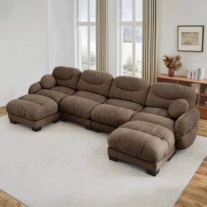 English Elm Pleated Chenille U-shape Modular Sectional Sofa with Ottomans and Ergonomic Foam Cushions Brown W5656S00063