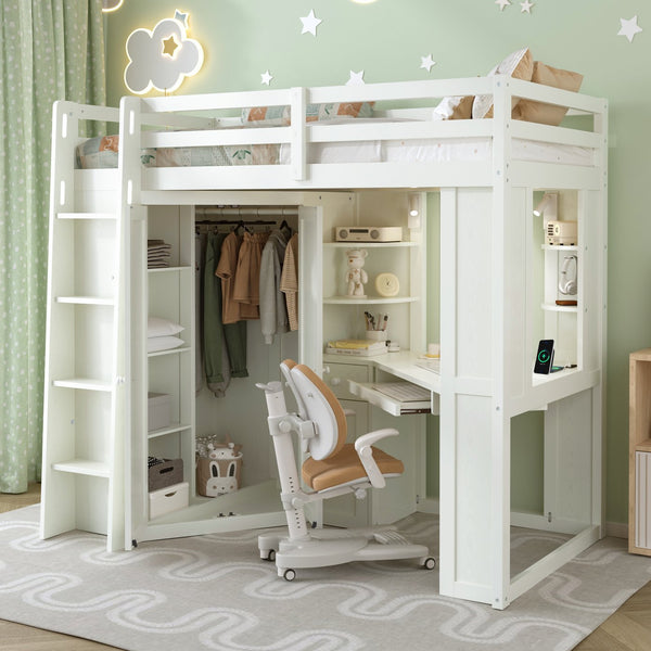 English Elm Twin Loft Bed with Wardrobe Desk Charging Station and Spotlights for Small Rooms Beige White LT000450AAK