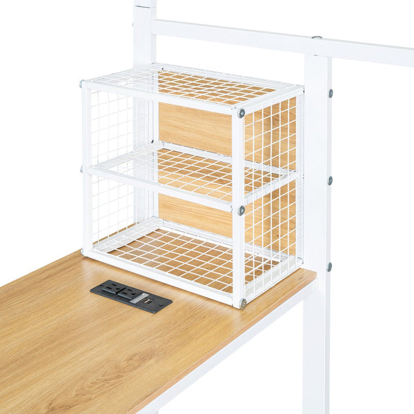 English Elm Full Size Metal House Bed Frame with Desk, Shelves, USB Power Ports & Playful Roof for Kids Room Delight White N737P173491K