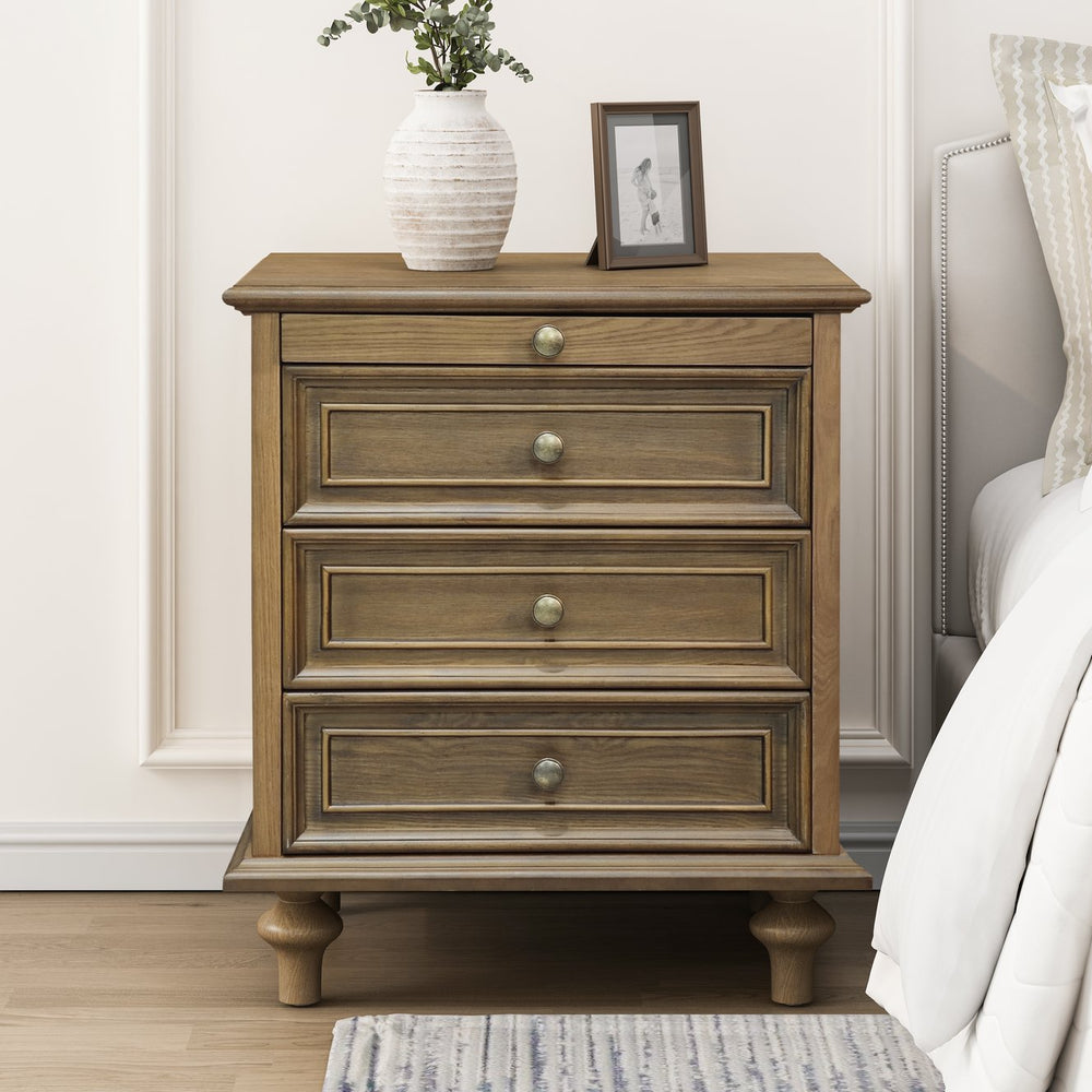 English Elm Farmhouse Nightstand Pine Wood Four Drawer Storage with Pull Out Tray Gourd Legs Light Brown W1716P399639