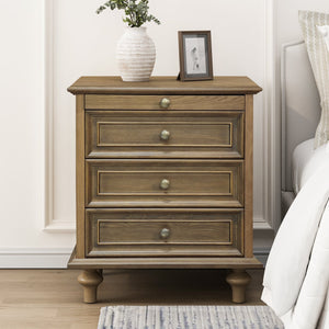 English Elm Farmhouse Nightstand Pine Wood Four Drawer Storage with Pull Out Tray Gourd Legs Light Brown W1716P399639