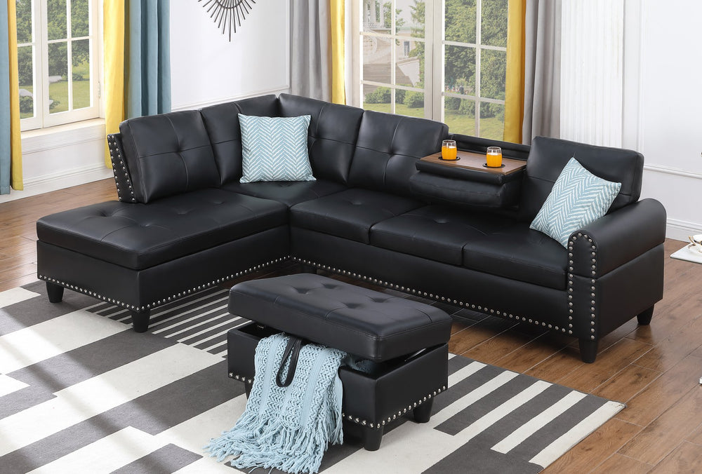 English Elm Irine Faux Leather Sectional Sofa with Ottoman, Storage Ottoman, Nailhead Trim, Cup Holders, Classic Comfort Black B102S00037