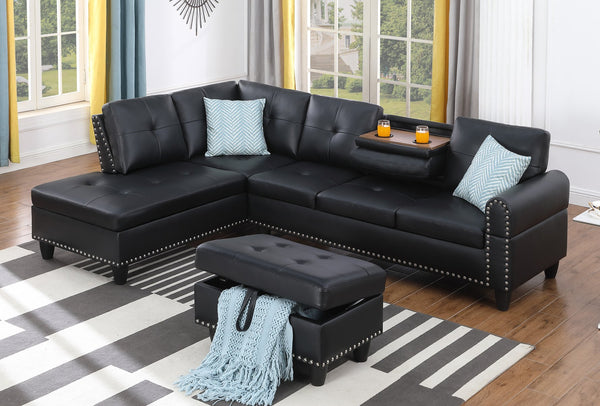 English Elm Irine Faux Leather Sectional Sofa with Ottoman, Storage Ottoman, Nailhead Trim, Cup Holders, Classic Comfort Black B102S00037