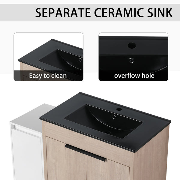 English Elm 42 Inch Freestanding Bathroom Vanity With Black Ceramic Sink & Ample Storage, Soft-Close Doors W999S00305