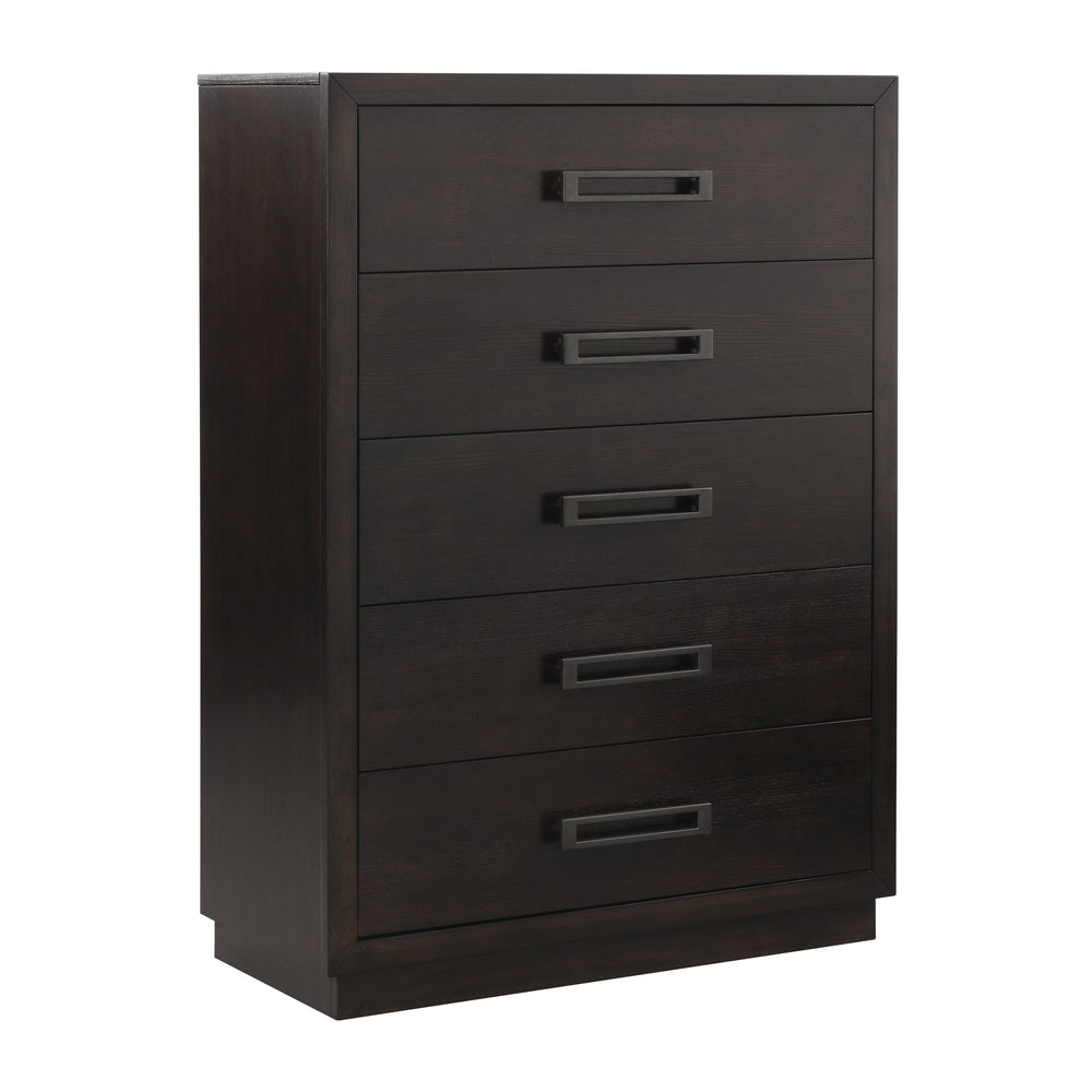 English Elm Modern Industrial Chest of Five Drawers Ash Veneer Charcoal Finish Gunmetal Pulls B011P201582