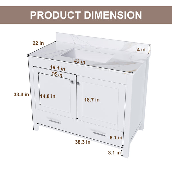 English Elm Modern 43" Bathroom Vanity With Artificial Marble Finish, Solid Wood Frame & Practical Storage Solutions W509S00140