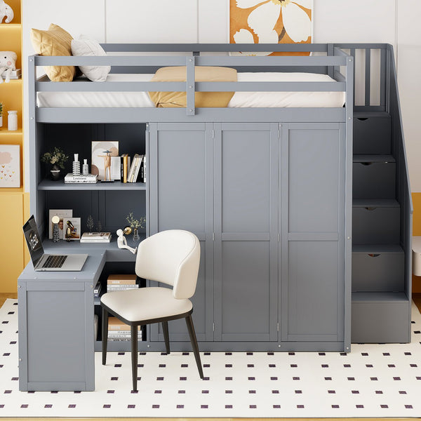 English Elm Full Size Loft Bed with Wardrobe Desk and Shelving for Modern Teen Bedroom Gray LT000679AAE-1