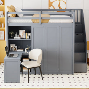 English Elm Full Size Loft Bed with Built-in Desk Wardrobe and Shelves for Teen Bedroom LT100679AEE