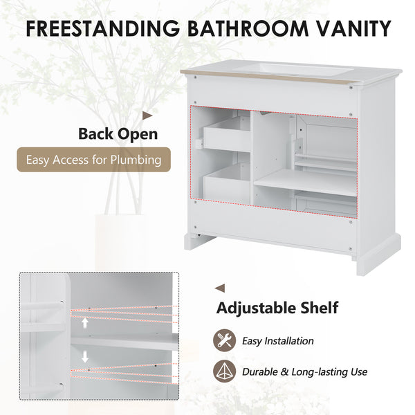 English Elm 36" Modern White Bathroom Vanity with Ceramic Undermount Sink, Heavy-Duty Storage & Soft-Close Drawers W2896P318472
