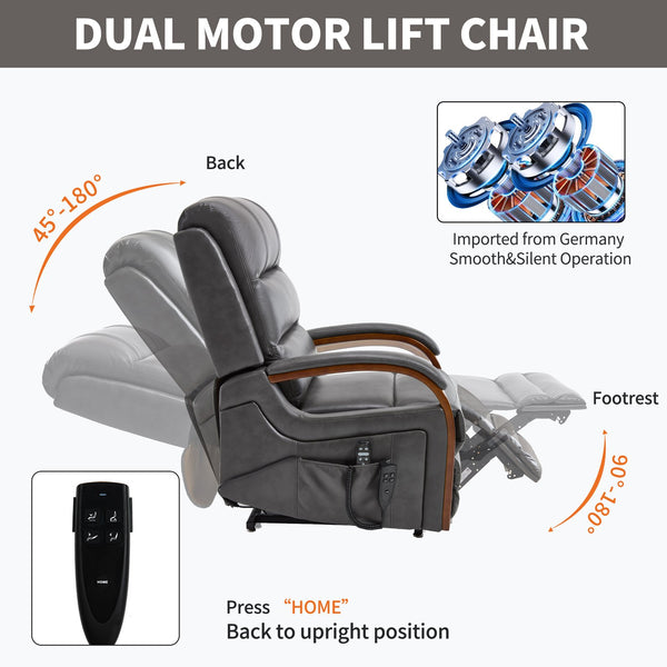English Elm Power Lift Recliner with Dual Motor Heat Massage Leatheraire and Solid Wood Arms W1803S00081