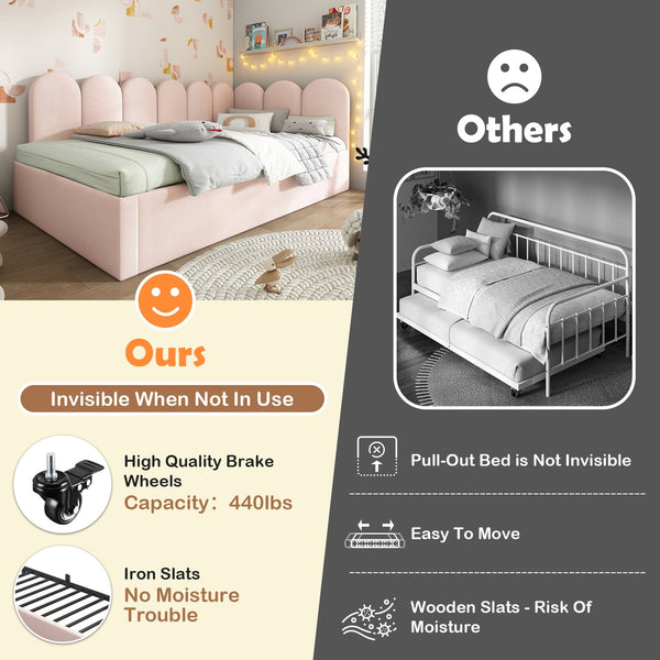 English Elm Upholstered Twin Daybed with Pull-Out Trundle, Velvet Upholstery, Metal Slatted Frame, 300lb Capacity Pink AA20362122P