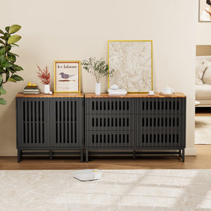 English Elm 6 Drawer Double Dresser Black Grille Striped Doors, Modern MDF & Metal Legs, Sturdy 6-Drawer Storage Elegance W578P193307