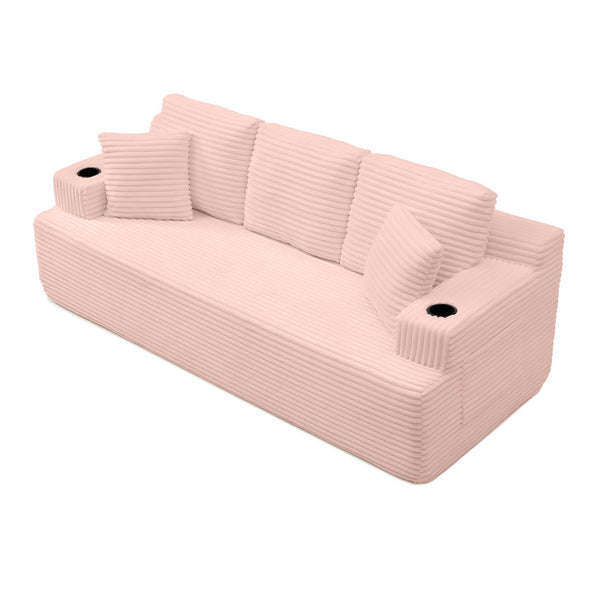 English Elm Boneless Floor Sofa Corduroy Upholstered 5 Seat Low Profile with Cup Holders for Living Room Pink W1117S00431