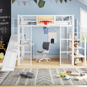 English Elm Full Full Size Metal Loft Bed with Built-In Desk, Slide, Basketball Hoop and Open Wardrobe Storage White GX001524AAK