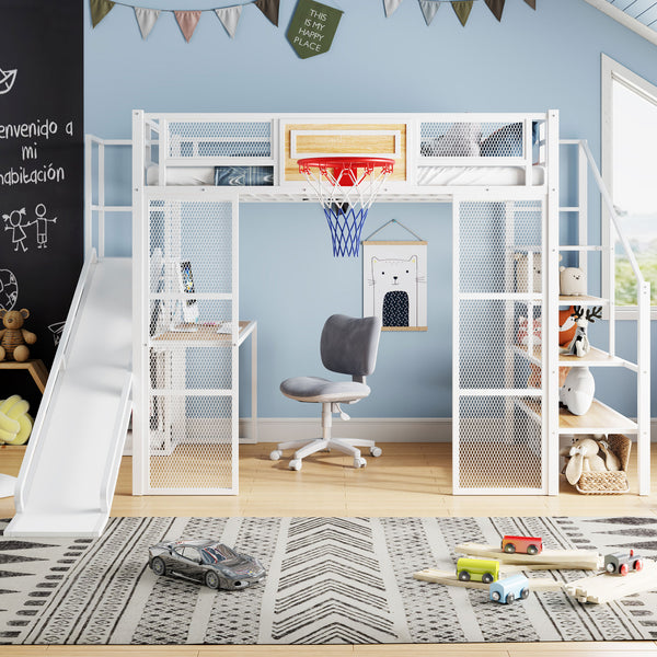 English Elm Full Full Size Metal Loft Bed with Built-In Desk, Slide, Basketball Hoop and Open Wardrobe Storage White GX001524AAK