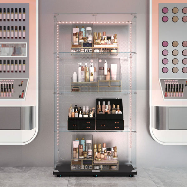 English Elm Tempered Glass Display Cabinet With Bluetooth Led Lighting, Swivel Casters, Versatile Storage Solutions W3155S00003-GIGA