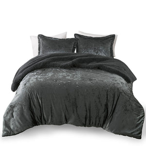 JLA Home Intelligent Design - Crushed Velvet Sherpa Reversible Comforter Set with Hypoallergenic Fill, OEKO‑TEX, Machine Washable Charcoal ID10-2380