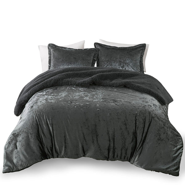 JLA Home Intelligent Design - Crushed Velvet Sherpa Reversible Comforter Set with Hypoallergenic Fill, OEKO‑TEX, Machine Washable Charcoal ID10-2380