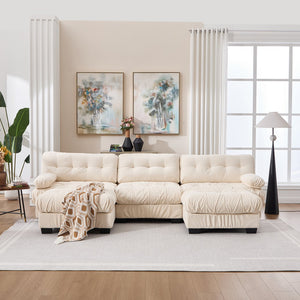 English Elm U Shaped Modular Cloud Sectional Deep Seat Flannelette Sofa with Rounded Bolster Armrests Beige W2120S00041