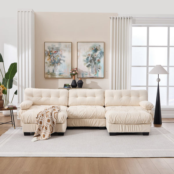 English Elm U Shaped Modular Cloud Sectional Deep Seat Flannelette Sofa with Rounded Bolster Armrests Beige W2120S00041