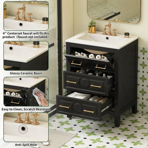 English Elm 24'' Bathroom Vanity with Ceramic Sink and 3 Drawers Retro Solid Wood Frame Freestanding Storage Black N710P371184B