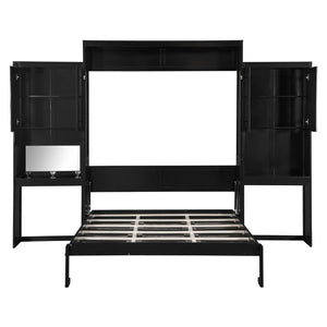 English Elm Queen Size Murphy Bed With Integrated Desk, Flip-Up Vanity & Storage Cabinets In Espresso Finish N820S10057P-GIGA