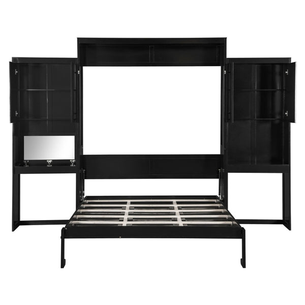 English Elm Queen Size Murphy Bed With Integrated Desk, Flip-Up Vanity & Storage Cabinets In Espresso Finish N820S10057P-GIGA