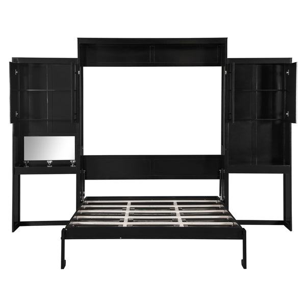 English Elm Queen Wall Bed with Integrated Desk Vanity and Cabinet Storage for Studio Rooms Espresso N820S10057P-1