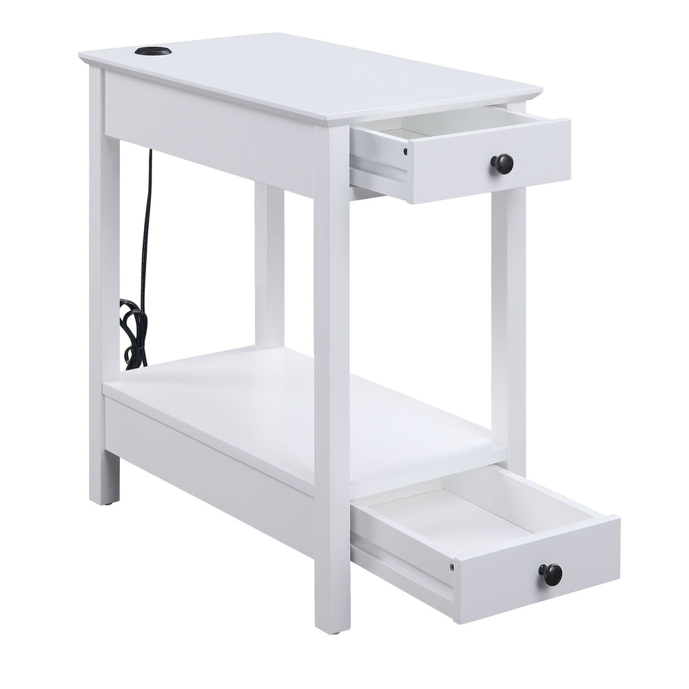 English Elm White Storage Accent Table with USB Charging Dock, 2 Drawers & Open Shelf, Sturdy Pine Legs, Compact Nightstand B062P189162
