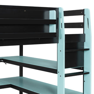 English Elm Full Size Gaming Loft Bed with Rgb Lights Wraparound Shelves and Built-in Usb Ports Blue LT000299AAC