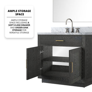 English Elm Black Oak Single Bath Vanity Set With Carrara Marble Top, Chrome Faucet, And Frameless Mirror 34" B2731S02208