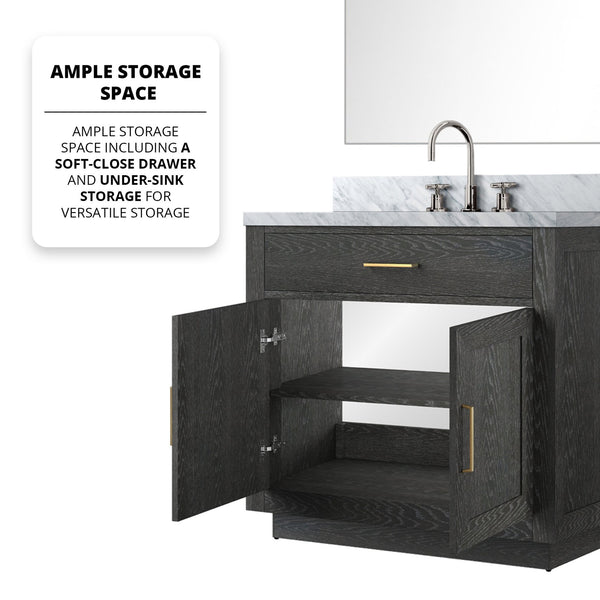English Elm Black Oak Single Bath Vanity Set With Carrara Marble Top, Chrome Faucet, And Frameless Mirror 34" B2731S02208