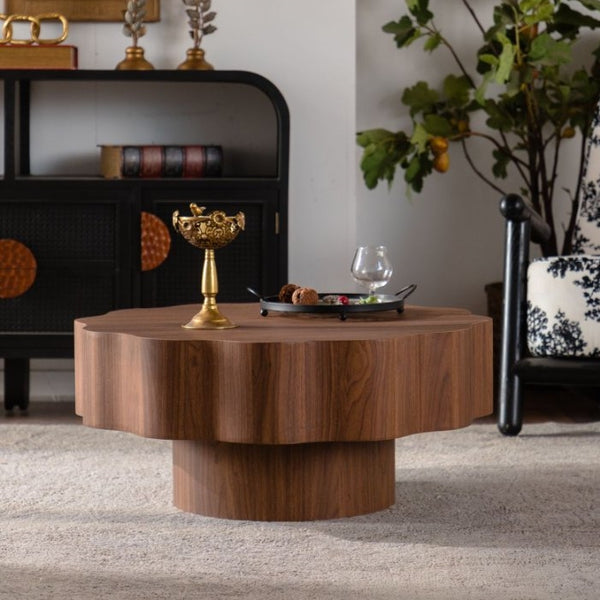 English Elm 31.5" Scalloped Round Coffee Table Walnut Grain Mdf Sculptural Living Room Accent W3158P395511