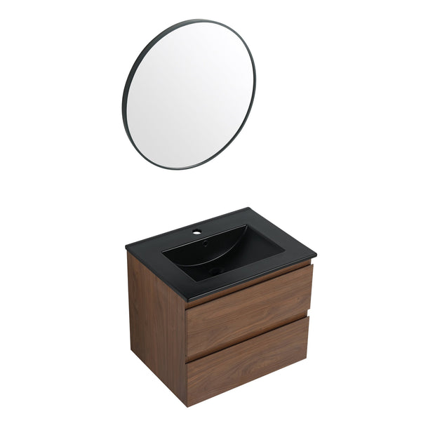 English Elm 24" Wall-Mounted Bathroom Vanity With Black Ceramic Sink & 2 Soft-Close Drawers For Stylish Storage W999S00193