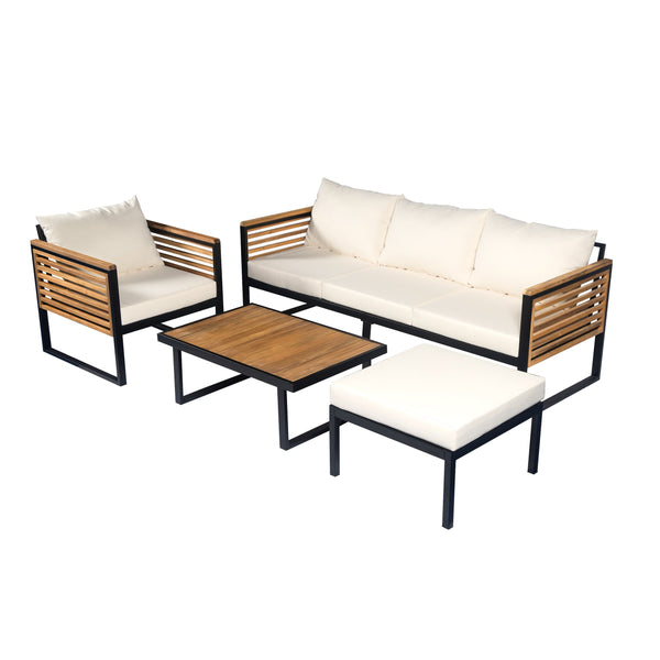 English Elm Outdoor Acacia Wood Iron Pipe Patio Set with Sofa Chair Ottoman and Table N757S454896B