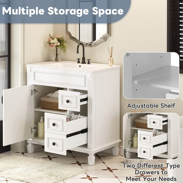 English Elm 30" French-Inspired Bathroom Vanity With Ceramic Sink, 2 Soft-Close Drawers & Adjustable Shelf Storage N710P323323K