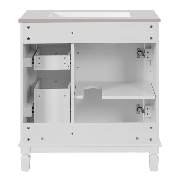 English Elm 30" French-Inspired Bathroom Vanity With Ceramic Sink, 2 Soft-Close Drawers & Adjustable Shelf Storage N710P323323K