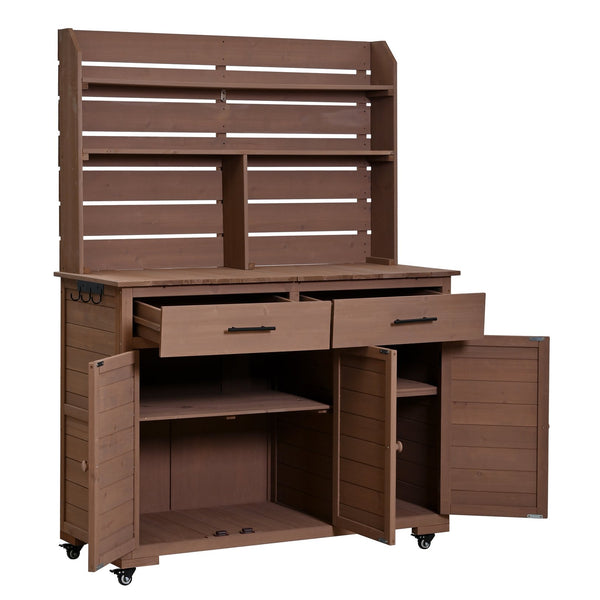 English Elm (assembly Video) Topmax Solid Fir Outdoor Potting Bench Grill Cart with Hutch Storage Brown N717P404333D