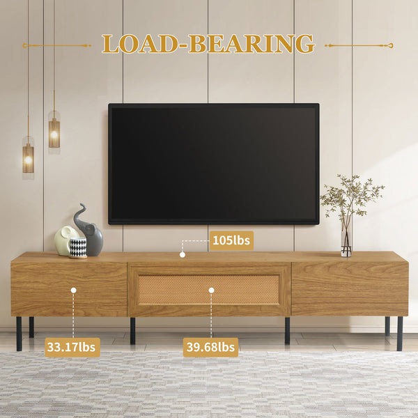 English Elm Boho Rattan TV Stand 80" Capacity, Modern Farmhouse Media Console with Metal Legs & Storage Drawers N710P206387Q
