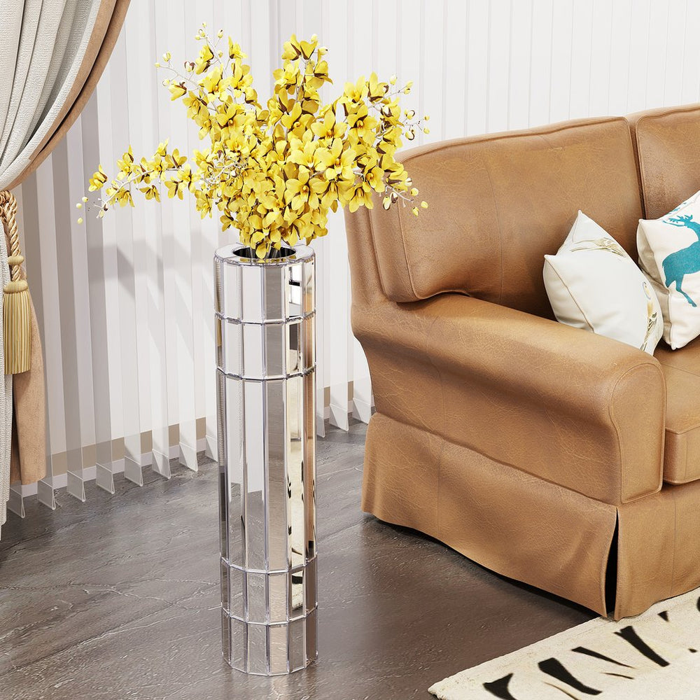 English Elm 29.92"(76cm)Tall Mirrored Silver Floor Vase Modern Round Decorative Glass & MDF Statement Piece for Living Rooms W3836P362090