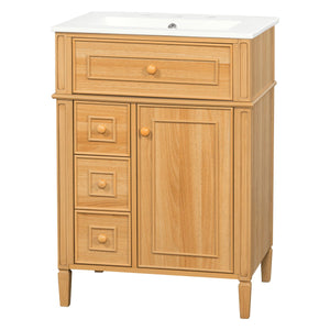 English Elm 24" Solid Pine Bathroom Vanity Cabinet with Ceramic Sink Soft Close Drawers N725P375500N