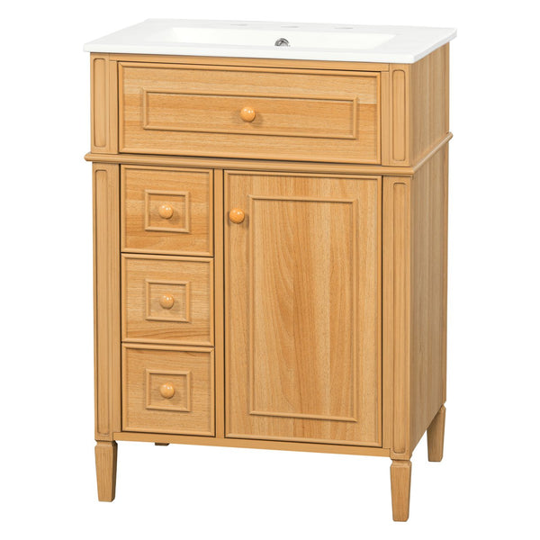 English Elm 24" Solid Pine Bathroom Vanity Cabinet with Ceramic Sink Soft Close Drawers N725P375500N